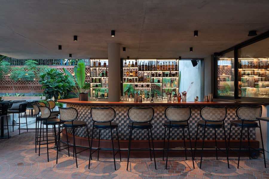 forefathers restaurant and bar Hyderabad jubilee hills indoor outdoor dining venue handmade brick terracotta tile stools