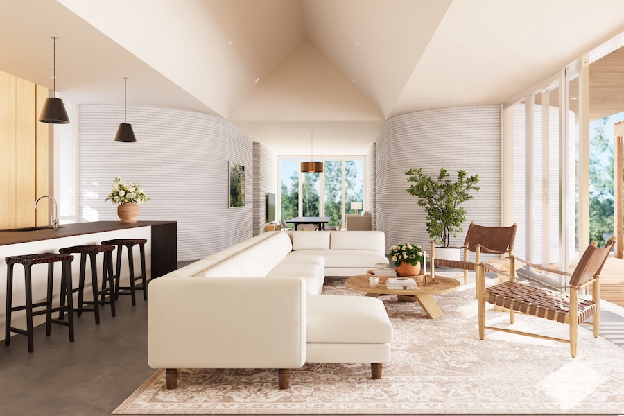 The Canyon Club texas hill country lake travis aura house 3D printed ICON interiors white sofa living room
