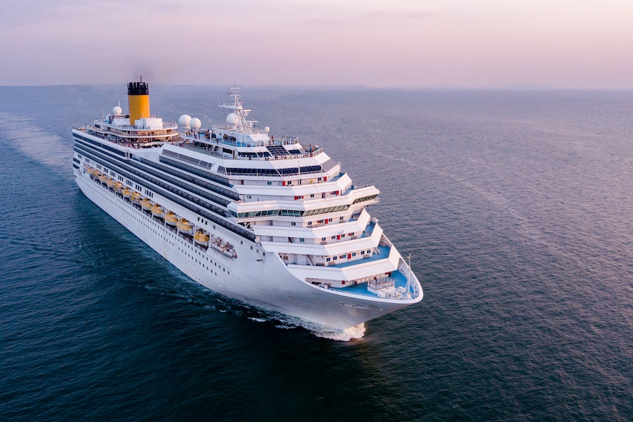 Aerial view large cruise ship at sea, Passenger cruise ship vessel