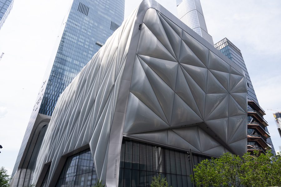 New York, NY, USA - June 3, 2022: The Bloomberg Building at Hudson Yards The Shed arts center Diller Scofidio + Renfro Rockwell Group silver facade