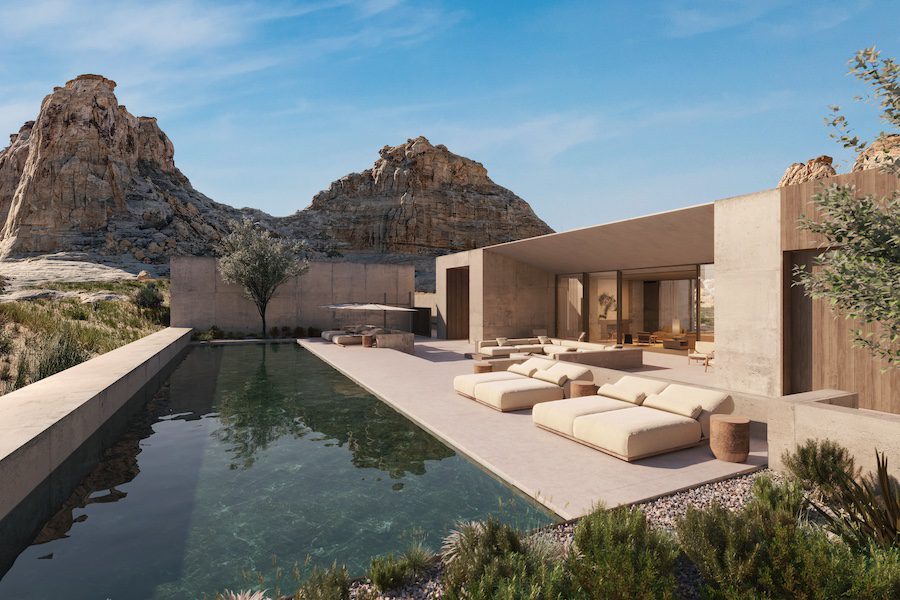 Aman Residences, Amangiri desert rock landscape organic architecture pool sunbeds