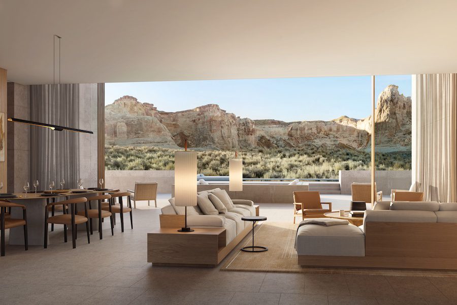 Aman Residences, Amangiri desert rock landscape organic architecture living dining room open concept