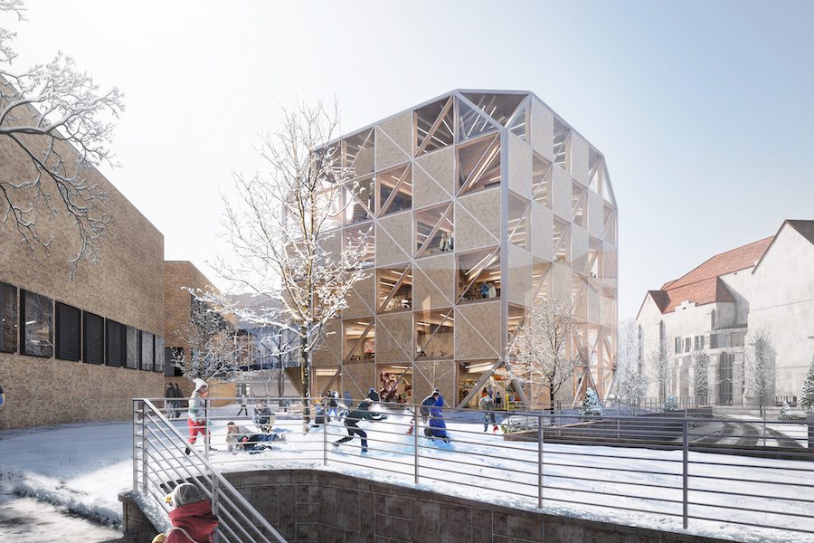 makers' kube Bjarke Ingels group University of Kansas School of Architecture & Design learning center timber exterior