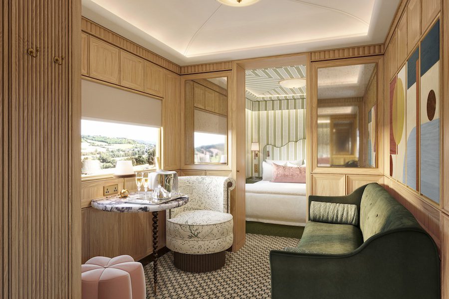 Britannic Explorer a Belmond Train UK luxury rail england wales interior car bedroom green sofa