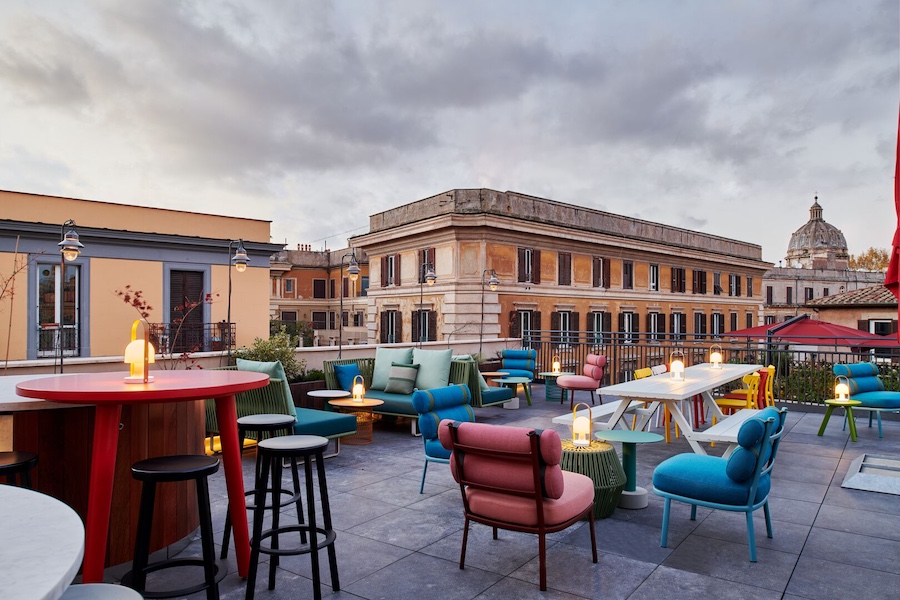 rooftop deck colorful chairs outdoor seating