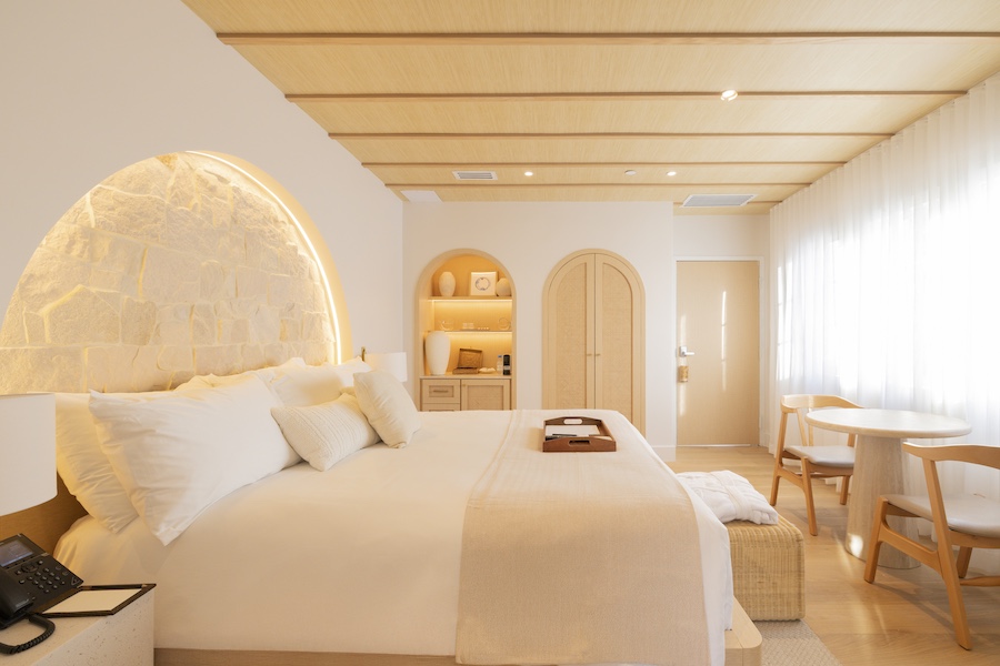 Donatella hotel miami beach art deco district modern Mediterranean white marble light wood bed underlit brick headboard