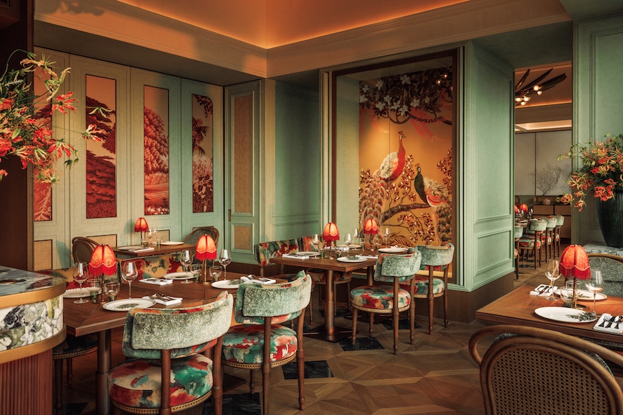 Jumeirah Marsa Al Arab The Bombay Club Interior green walls peacock floral wallcovering floral upholstery