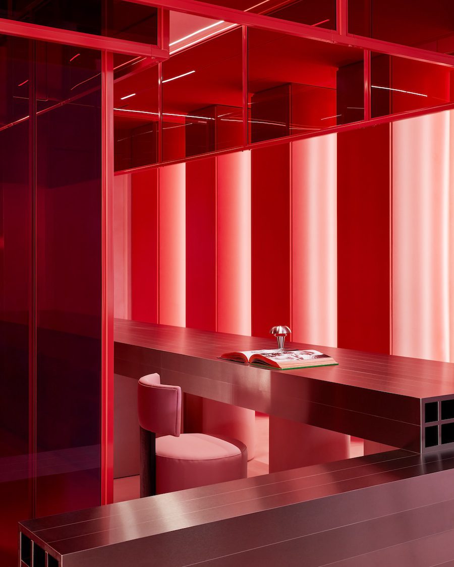poutx injectables botox skincare skin clinic med spa red pink acrylic treatment rooms stainless steel reception desk