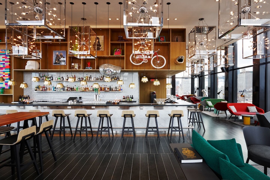 New York Bowery cloudM CitizenM bar stools cube light pendants