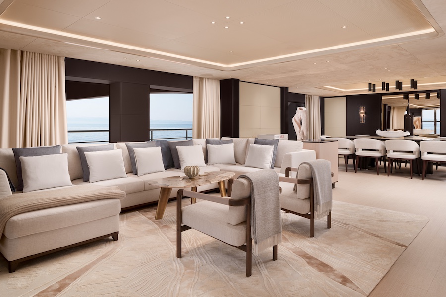 Benetti Asani superyacht indoor living room dining room white couch sofa chairs