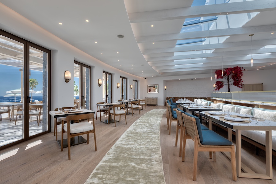 sandblu resort santorini greece greek cycladic minimalism white stucco blue accents plateia restaurant