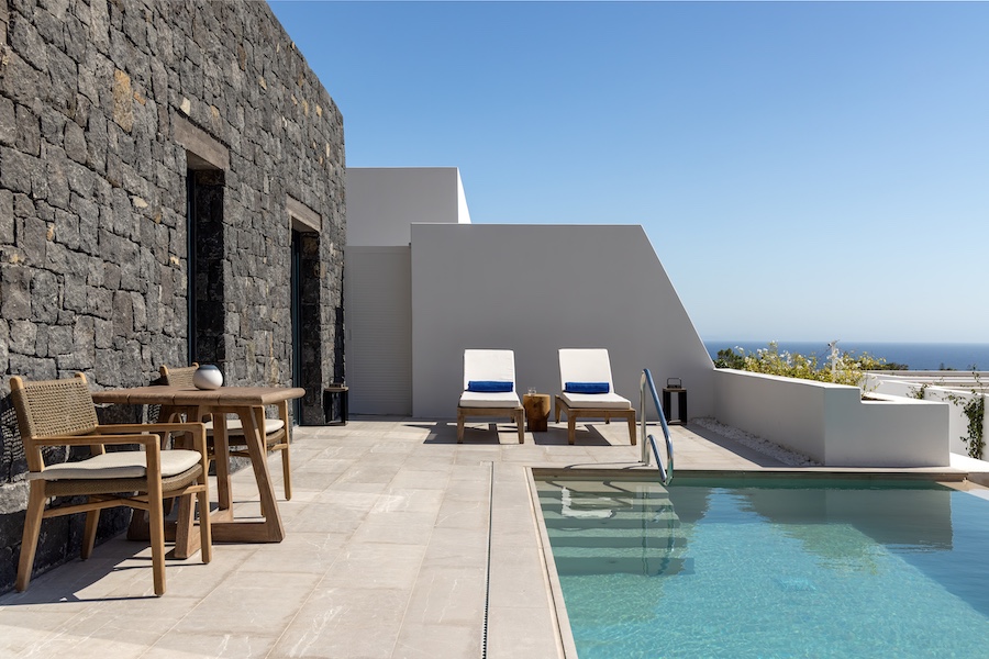 sandblu resort santorini greece greek cycladic minimalism white stucco blue accents pool