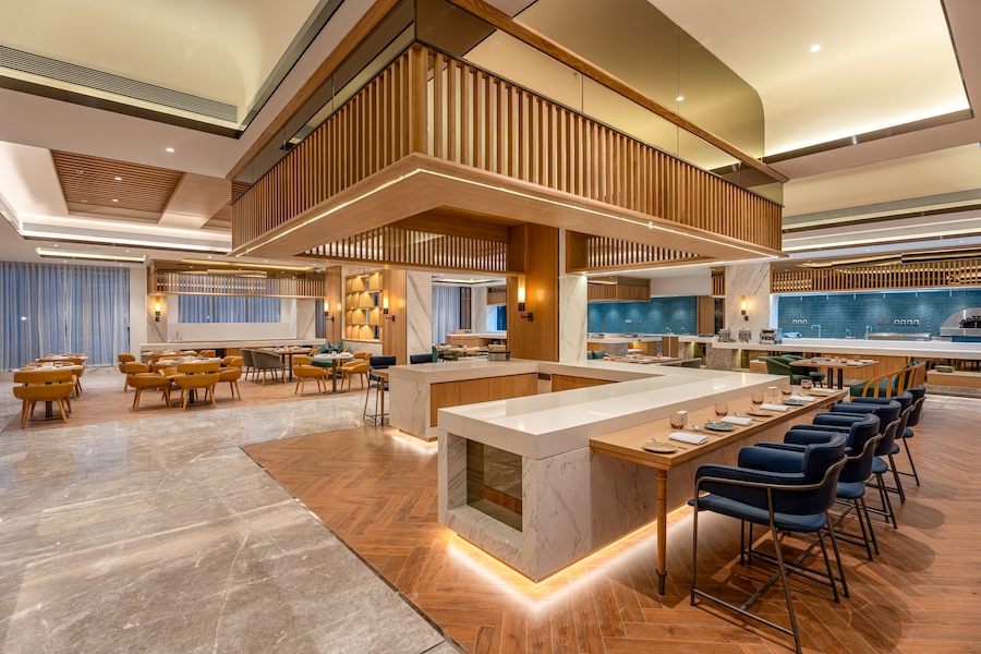 Radisson Resort Khopoli interior restaurant bar fluted wood