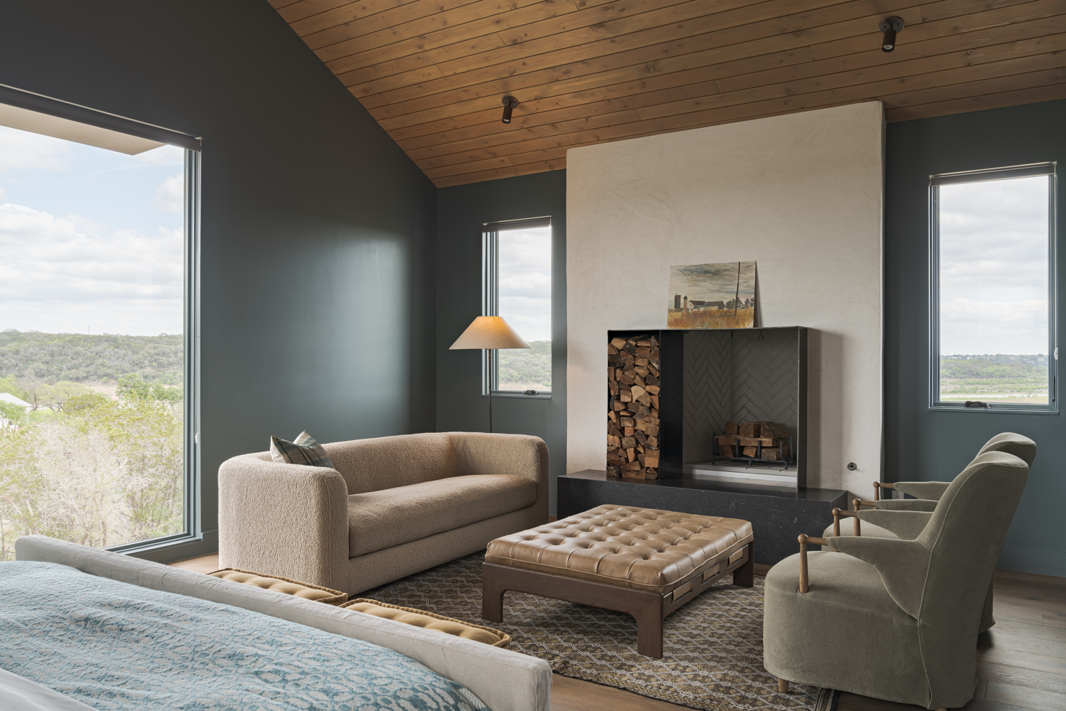 The Canyon Club texas hill country lake travis interiors neutral palette fireplace living room