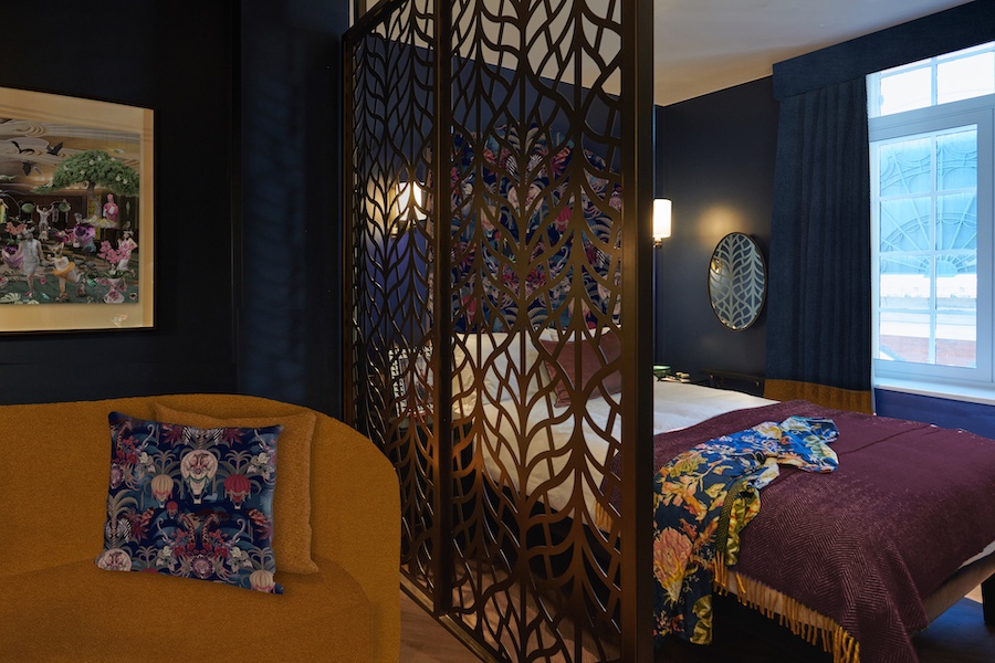 The Other House Covent Garden london interior apartment style hotel with private club british maximalism yellow couch blue walls purple bed