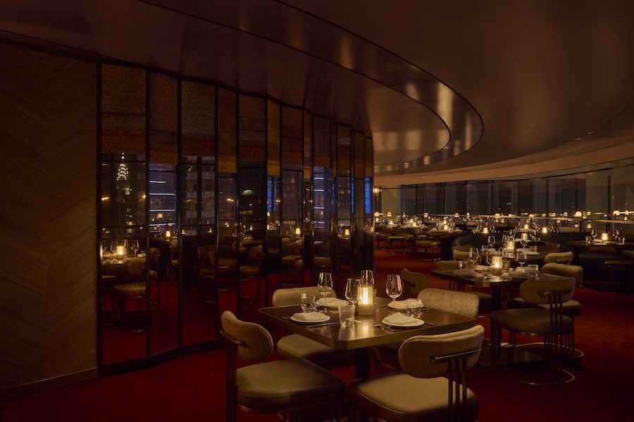 the view rotating spinning restaurant new york marriott marquis theater district union square hospitality group red flooring mirrors round curved walls