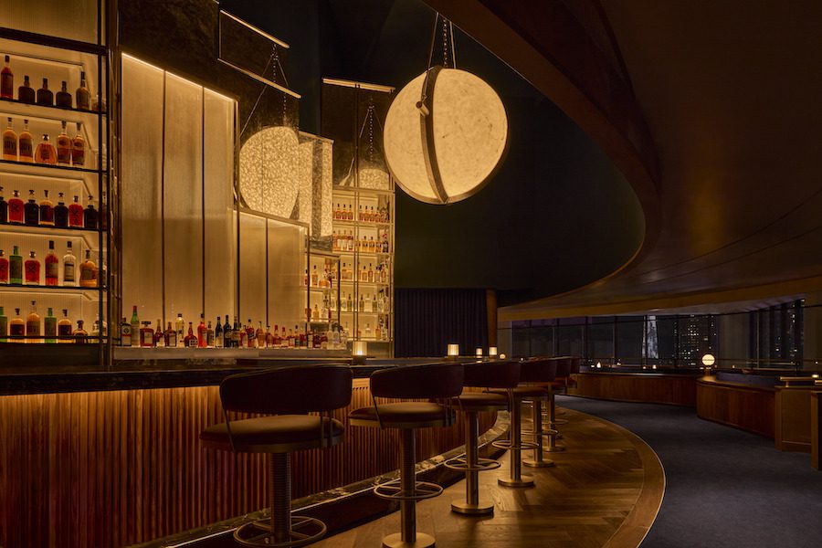 the view rotating spinning restaurant new york marriott marquis theater district union square hospitality group red flooring mirrors round curved walls bar